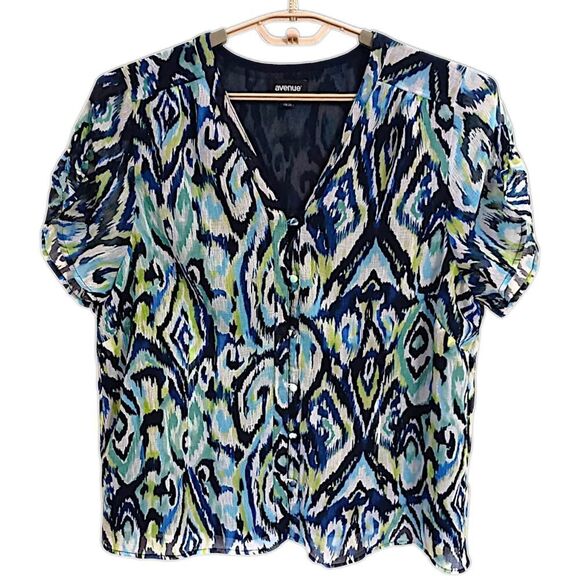 AVENUE Plus Size 2X 18 20 Button Down Blouse Ikat Short Shirred Sleeve Sheer - Picture 12 of 16
